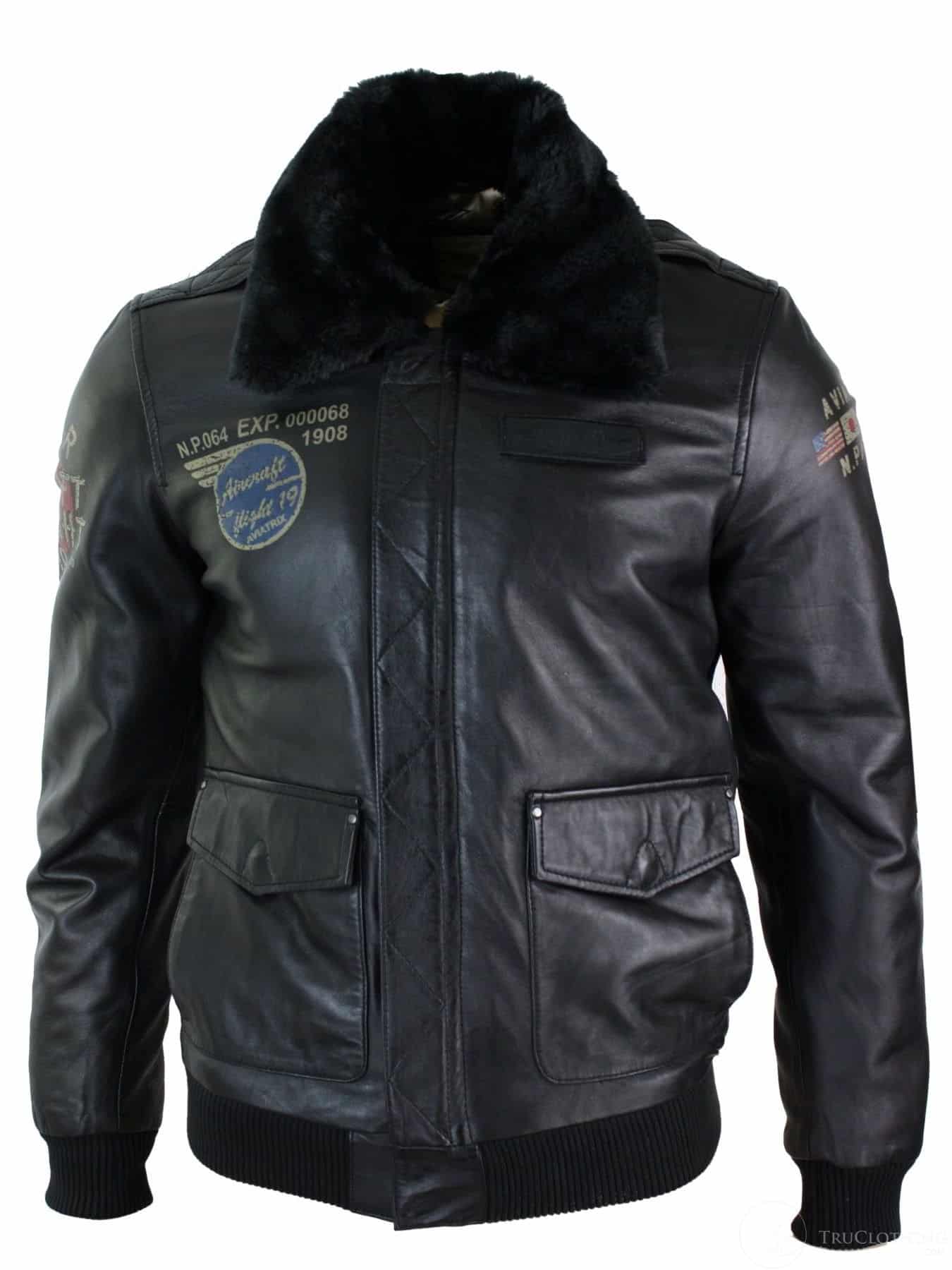 Miesten musta nahkainen pilottitakki, jossa turkiskaulus ja Slim Fit Bomber -materiaalia.