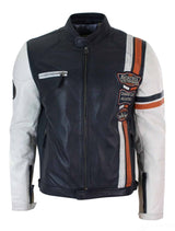 Aitoa nahkaa Retro Vintage Tummansininen Valkoinen Miesten Biker-takki Badge Design Casual