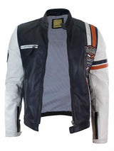 Aitoa nahkaa Retro Vintage Tummansininen Valkoinen Miesten Biker-takki Badge Design Casual