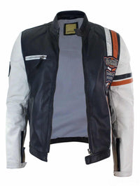 Aitoa nahkaa Retro Vintage Tummansininen Valkoinen Miesten Biker-takki Badge Design Casual