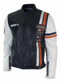 Aitoa nahkaa Retro Vintage Tummansininen Valkoinen Miesten Biker-takki Badge Design Casual
