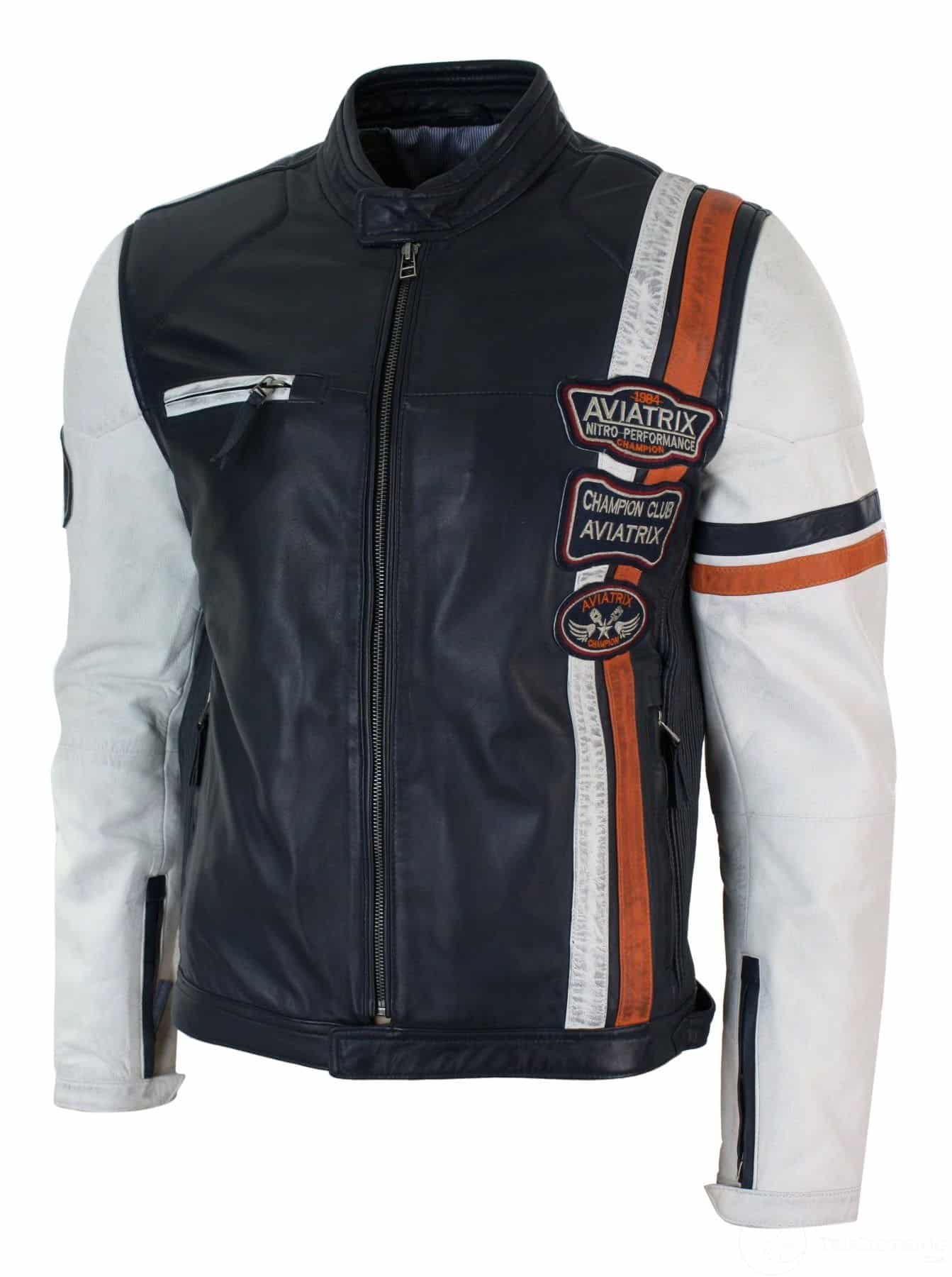 Aitoa nahkaa Retro Vintage Tummansininen Valkoinen Miesten Biker-takki Badge Design Casual