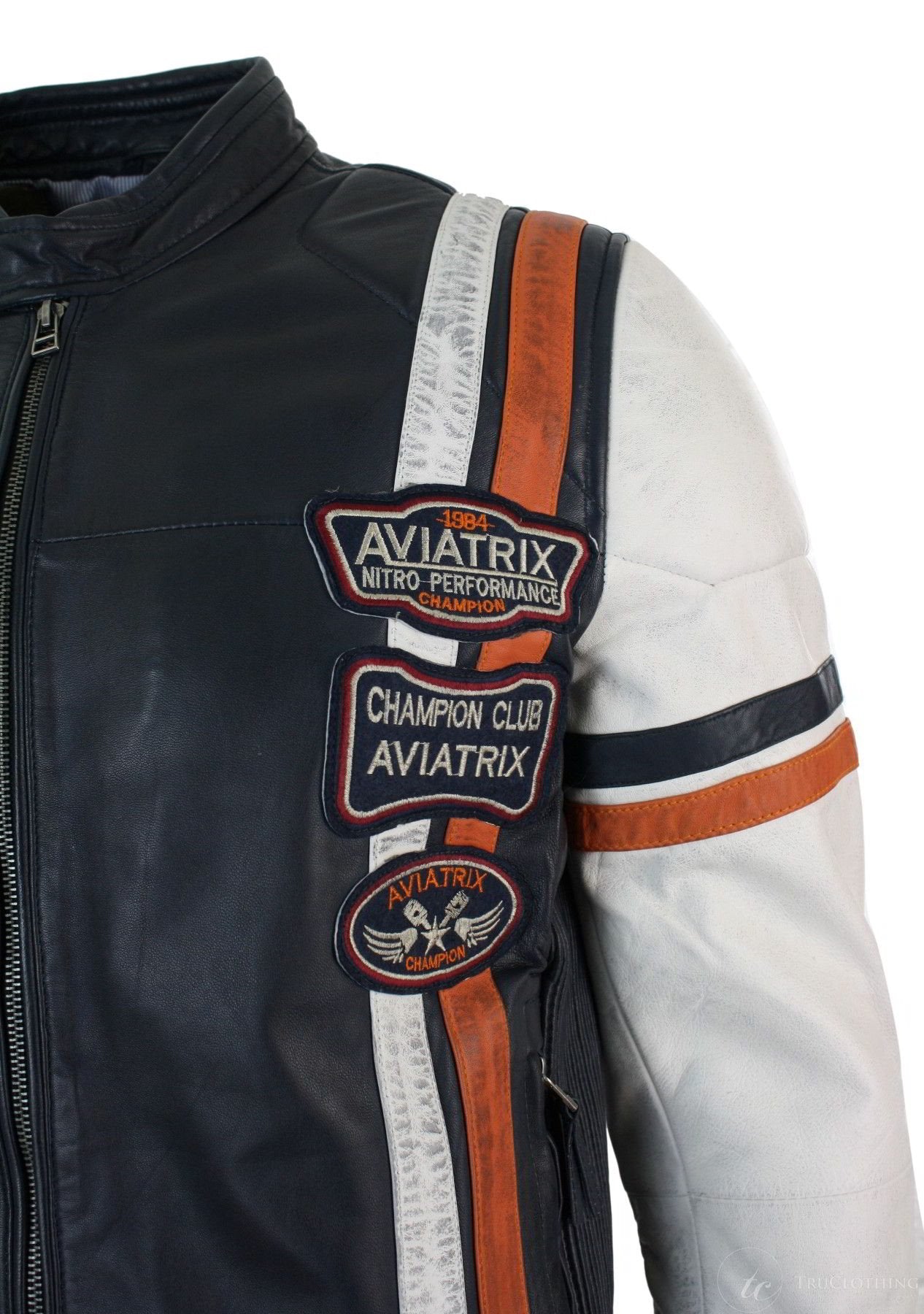 Aitoa nahkaa Retro Vintage Tummansininen Valkoinen Miesten Biker-takki Badge Design Casual