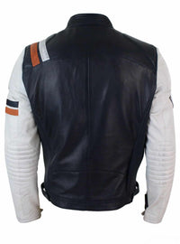 Aitoa nahkaa Retro Vintage Tummansininen Valkoinen Miesten Biker-takki Badge Design Casual