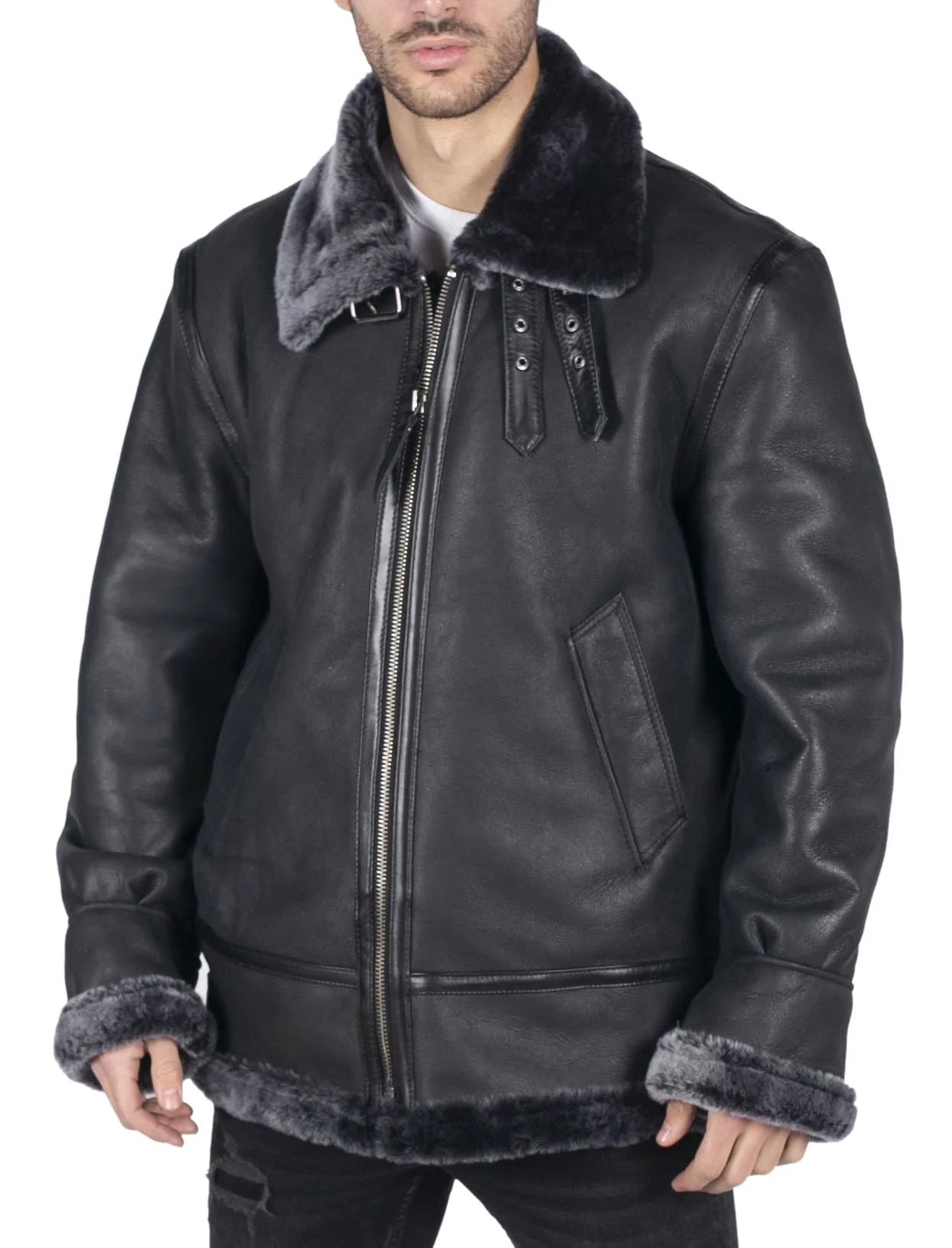 Miesten aito lampaannahkainen B3 Flying Aviator -takki, musta, harmaa turkis