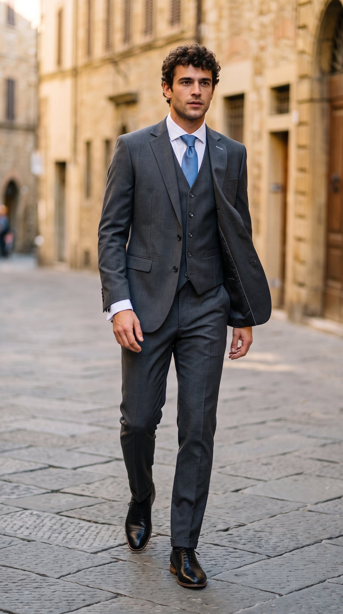 Look #824 styled with Bond - Miesten hiilenharmaa kolmiosainen mittatilaustyönä tehty puku