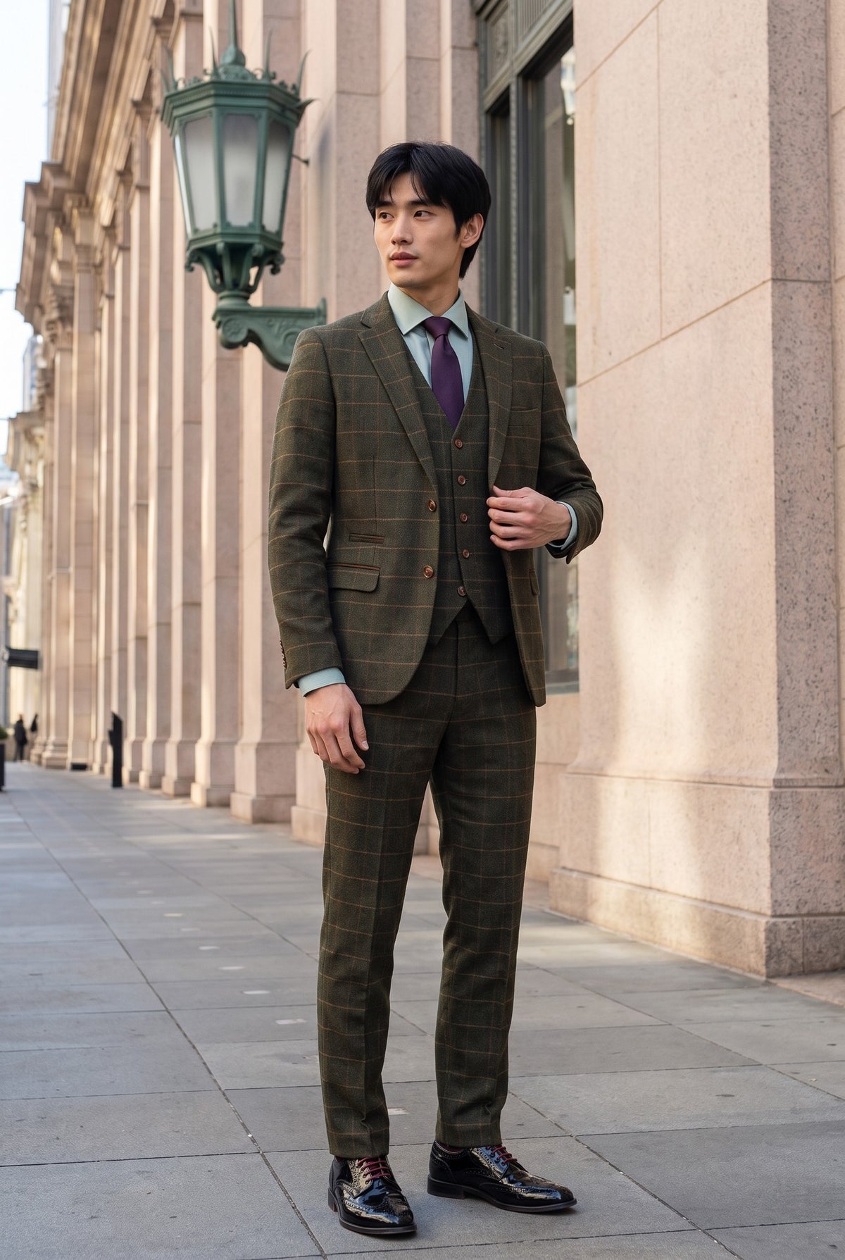 Look #509 styled with Harris - Vihreä kolmiosainen villasekoitteinen tweedpuku miehille