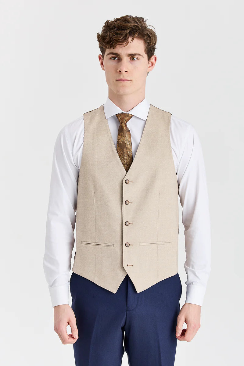 Belmont Navy -puku ja Belmont Beige -kontrastivärinen liivi