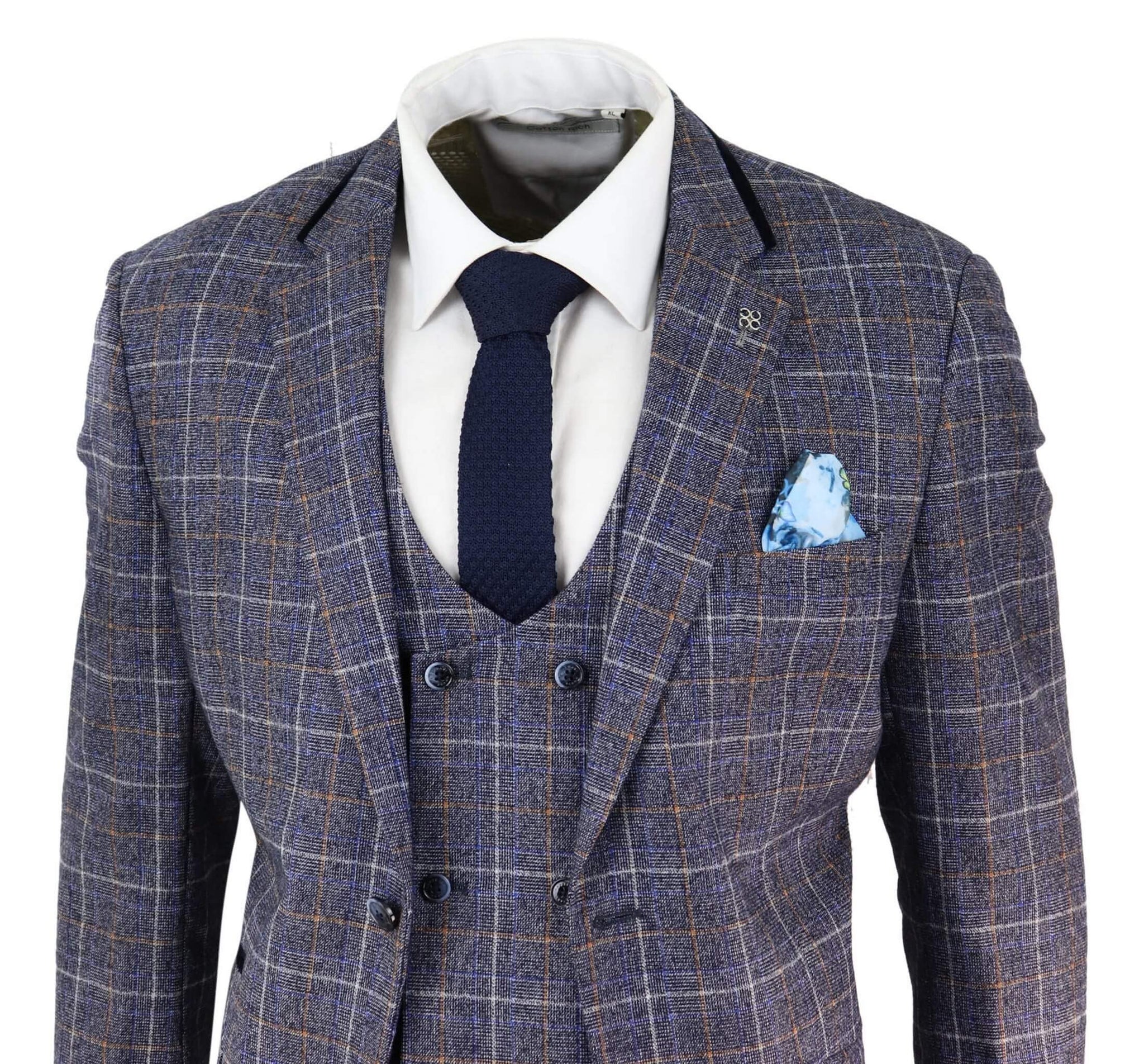 Miesten sininen ruutukuvioinen kolmiosainen puku
