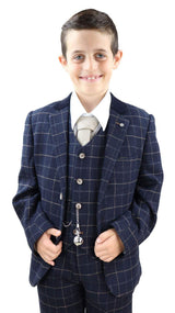 Poikien tummansininen ruutukuvioinen kolmiosainen puku - Peaky Blinders Suit Shelby