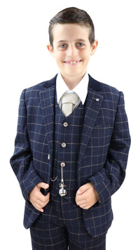 Poikien tummansininen ruutukuvioinen kolmiosainen puku - Peaky Blinders Suit Shelby