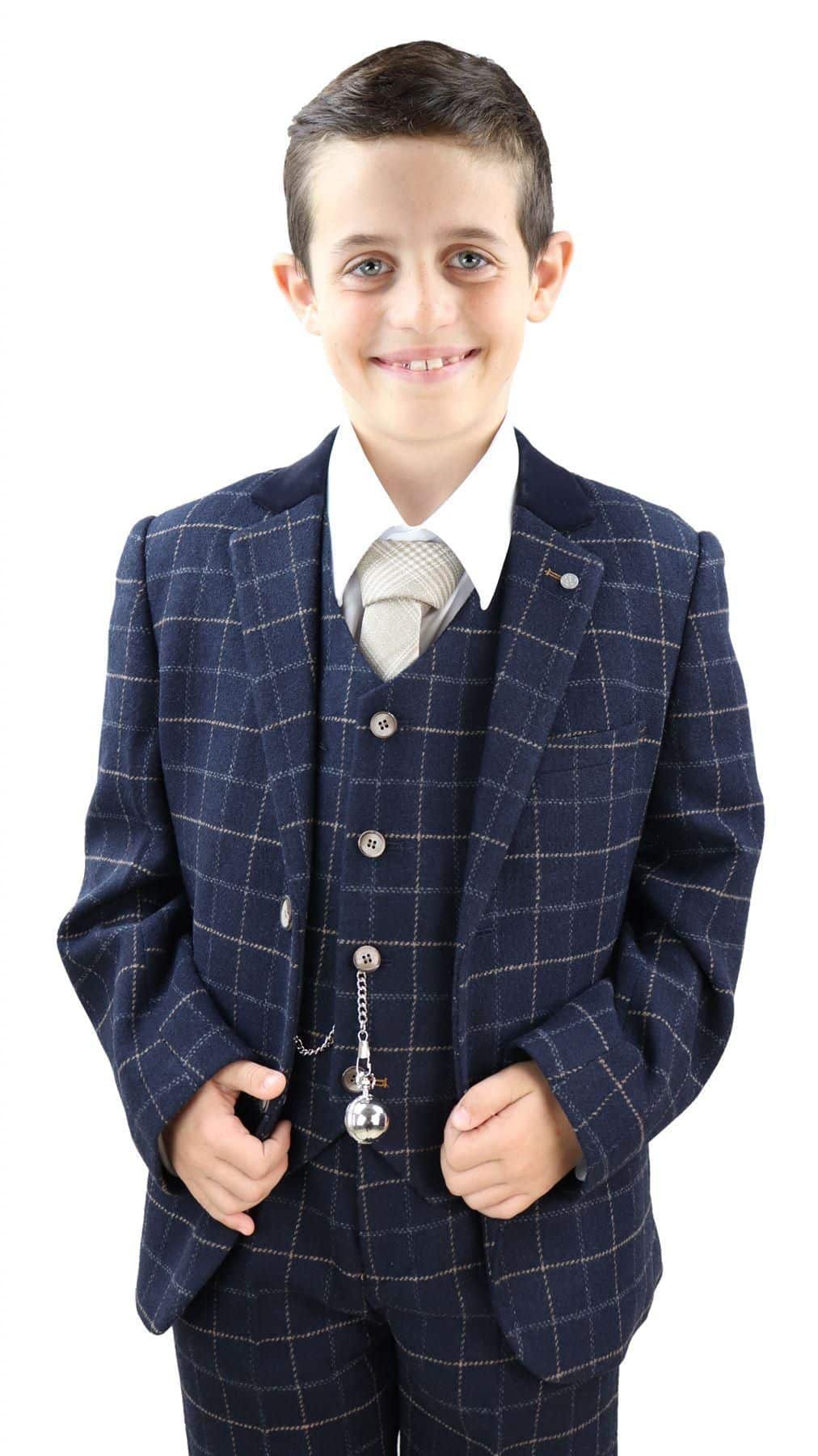 Poikien tummansininen ruutukuvioinen kolmiosainen puku - Peaky Blinders Suit Shelby