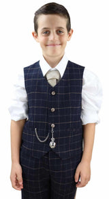 Poikien tummansininen ruutukuvioinen kolmiosainen puku - Peaky Blinders Suit Shelby