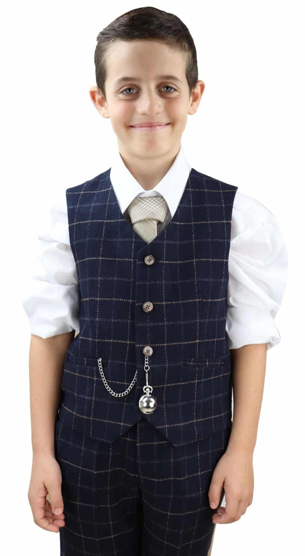 Poikien tummansininen ruutukuvioinen kolmiosainen puku - Peaky Blinders Suit Shelby