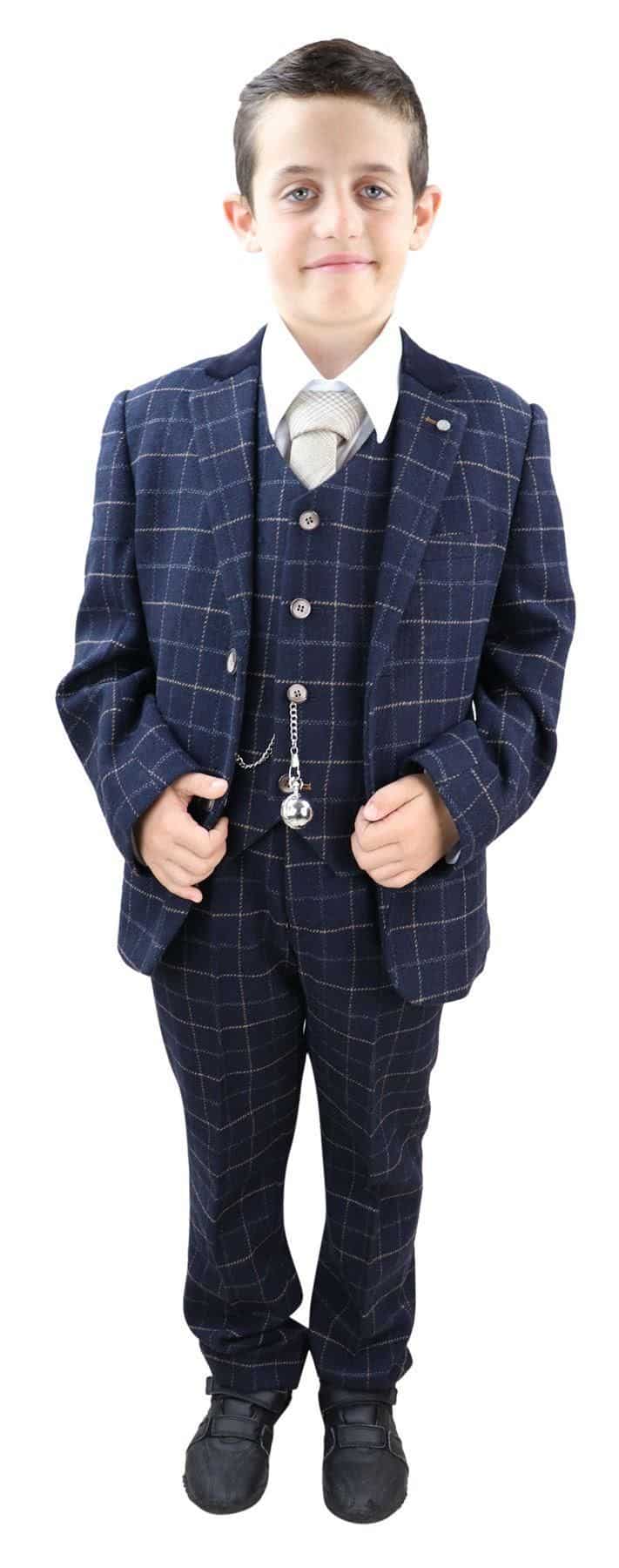 Poikien tummansininen ruutukuvioinen kolmiosainen puku - Peaky Blinders Suit Shelby