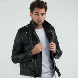 Aitoa nahkaa Brando - Miesten ristivetoketjullinen Brando aitoa nahkatakki - Musta - Kulta