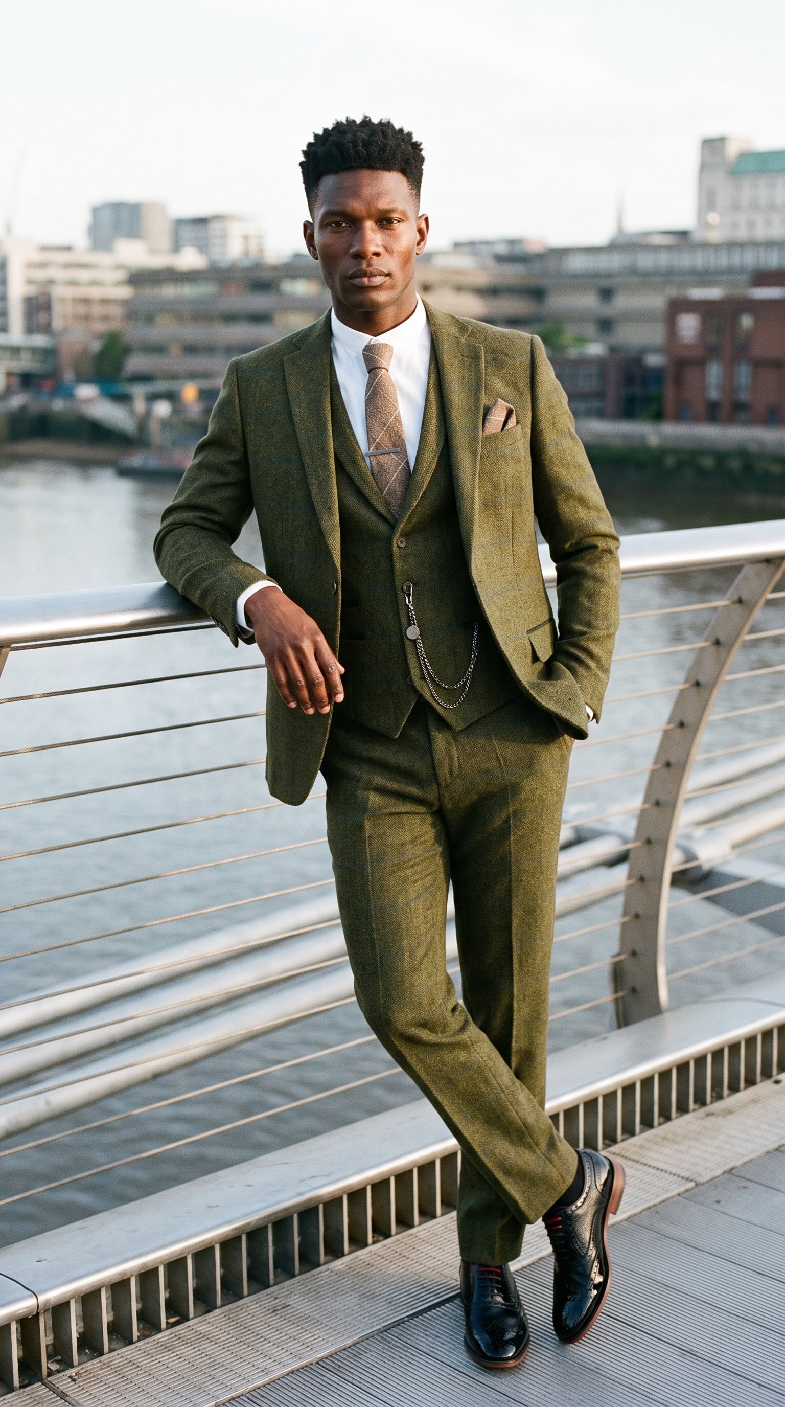 Look #715 styled with Miesten kolmiosainen villainen tweedpuku vihreän ja sinisen värinen ruskean ruudullinen 1920-luvun Gatsby