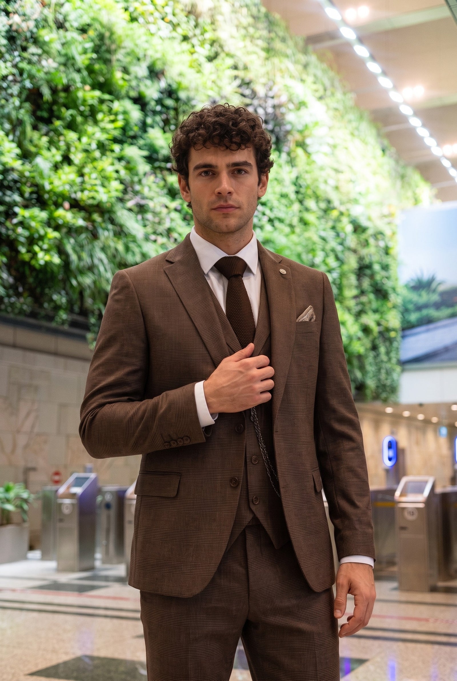 Look #567 styled with TP-50 - Miesten ruskea kolmiosainen ruutupuku Prince of Wales -kuviolla