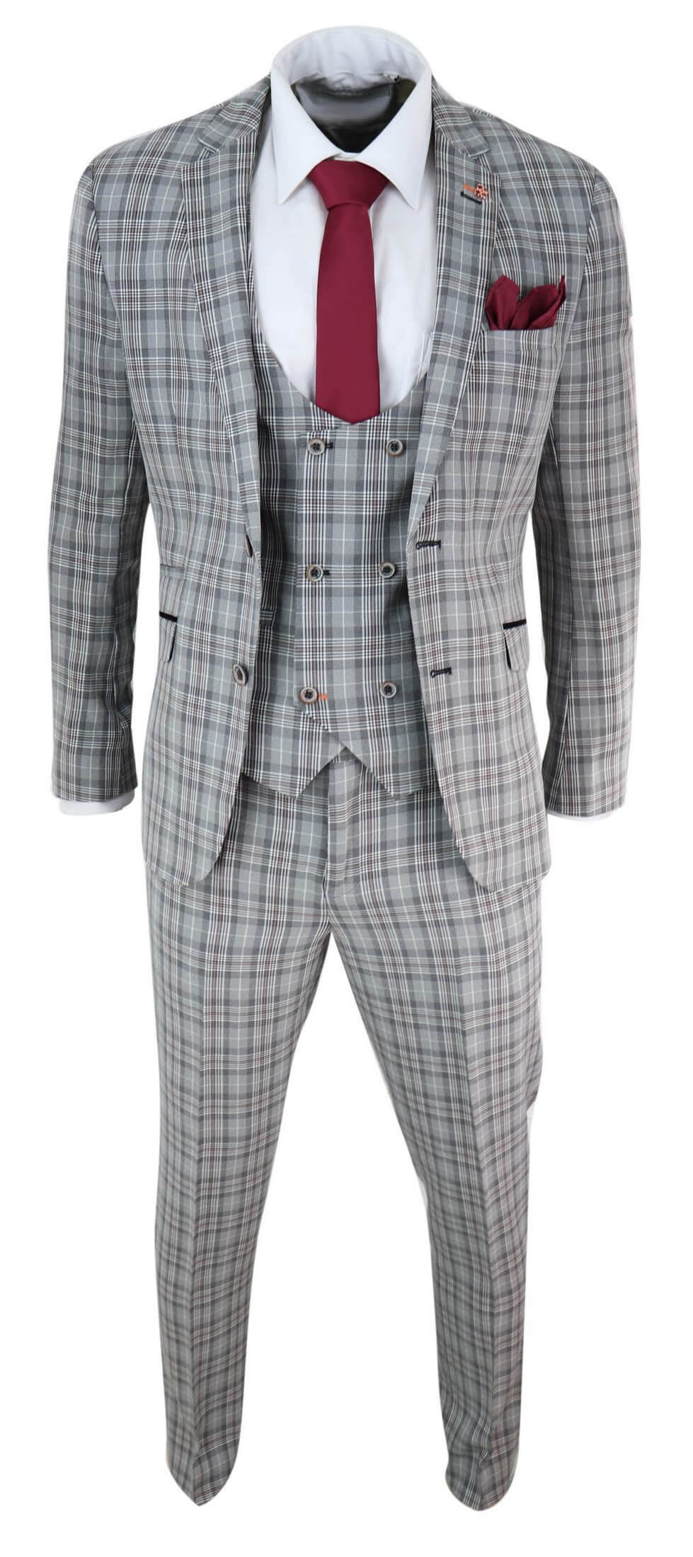 Miesten harmaa tweed-ruutuinen kolmiosainen puku