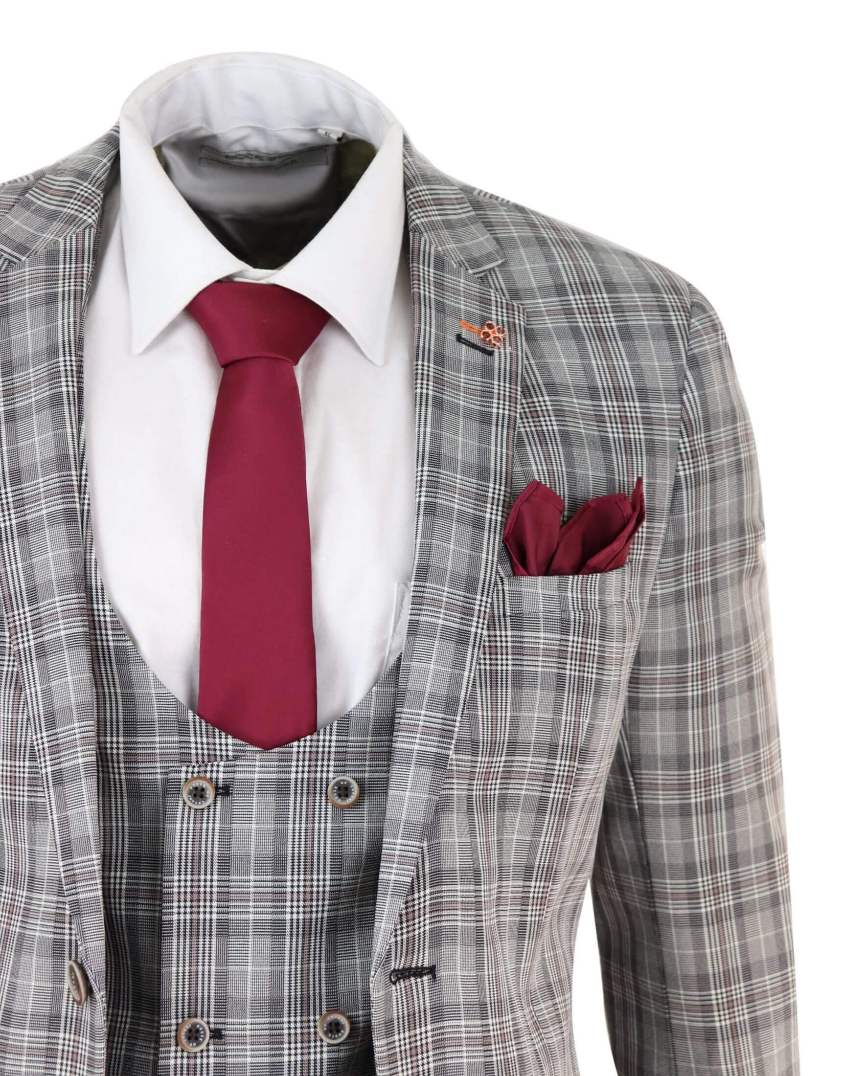 Miesten harmaa tweed-ruutuinen kolmiosainen puku
