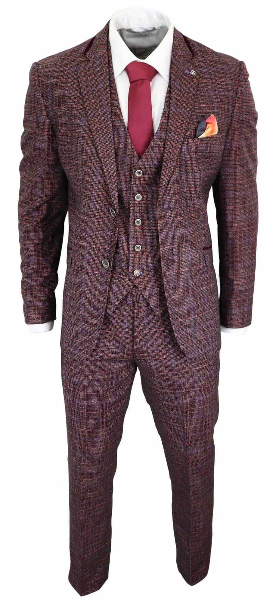 Cavani Carly - Miesten kolmiosainen tweed-ruutupuku viininpunaisella kankaalla