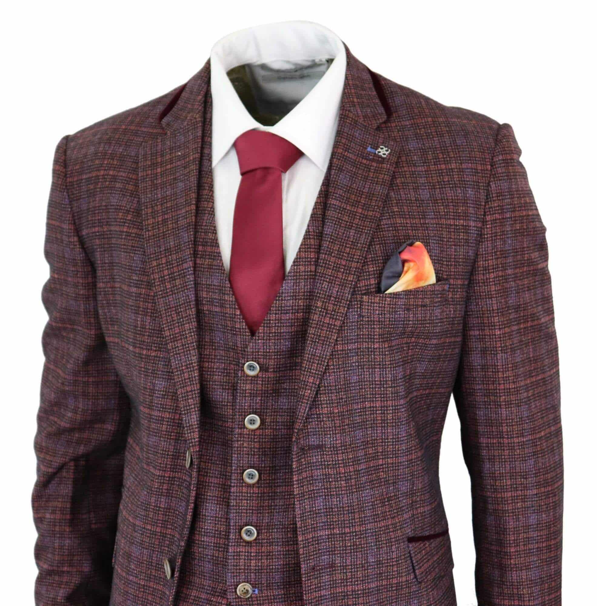 Cavani Carly - Miesten kolmiosainen tweed-ruutupuku viininpunaisella kankaalla