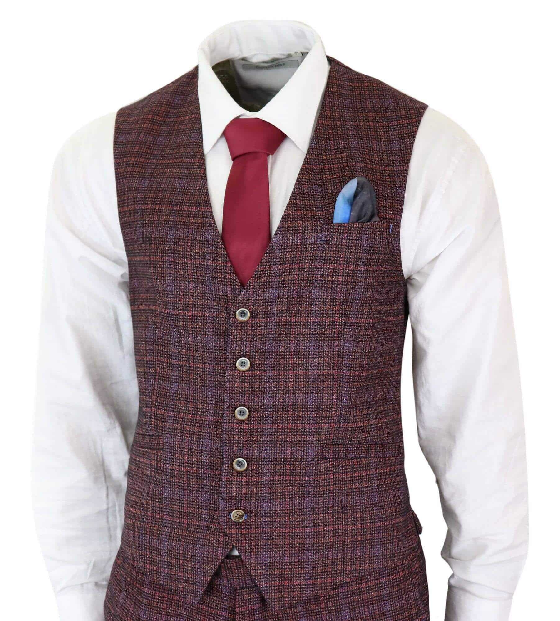 Cavani Carly - Miesten kolmiosainen tweed-ruutupuku viininpunaisella kankaalla