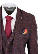 Cavani Carly - Miesten kolmiosainen tweed-ruutupuku viininpunaisella kankaalla