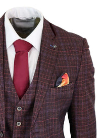 Cavani Carly - Miesten kolmiosainen tweed-ruutupuku viininpunaisella kankaalla