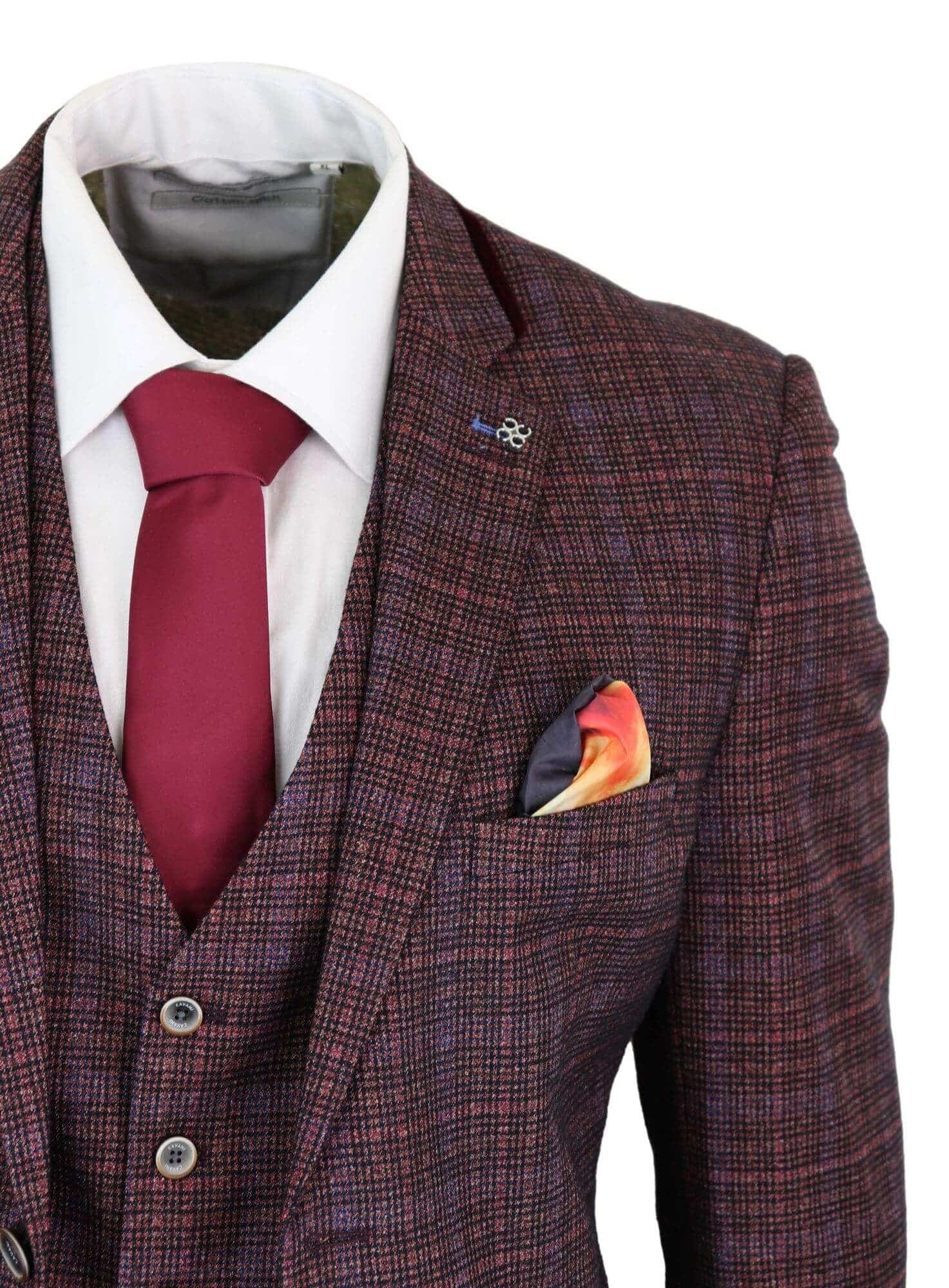 Cavani Carly - Miesten kolmiosainen tweed-ruutupuku viininpunaisella kankaalla