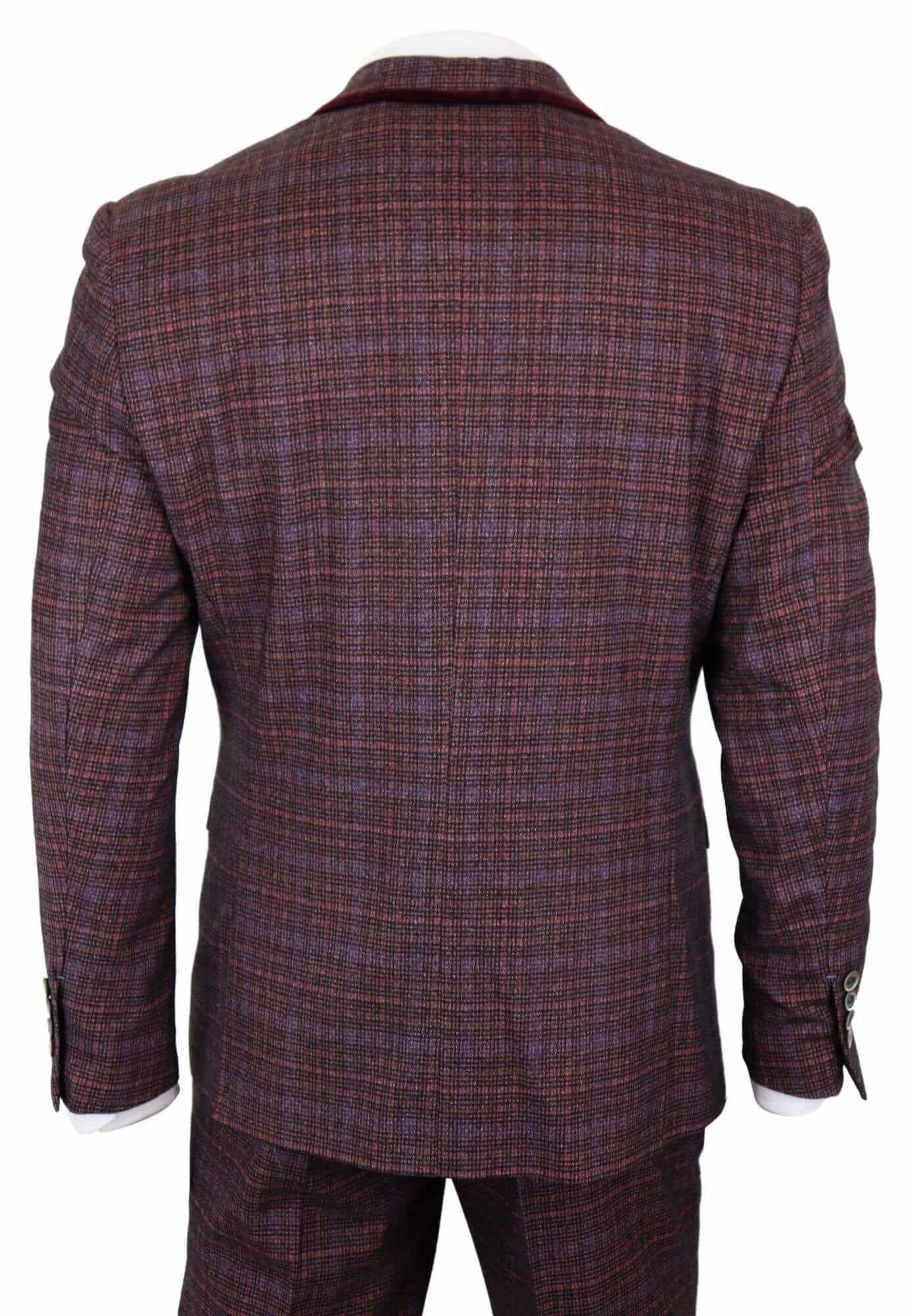 Cavani Carly - Miesten kolmiosainen tweed-ruutupuku viininpunaisella kankaalla