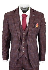 Cavani Carly - Miesten kolmiosainen tweed-ruutupuku viininpunaisella kankaalla