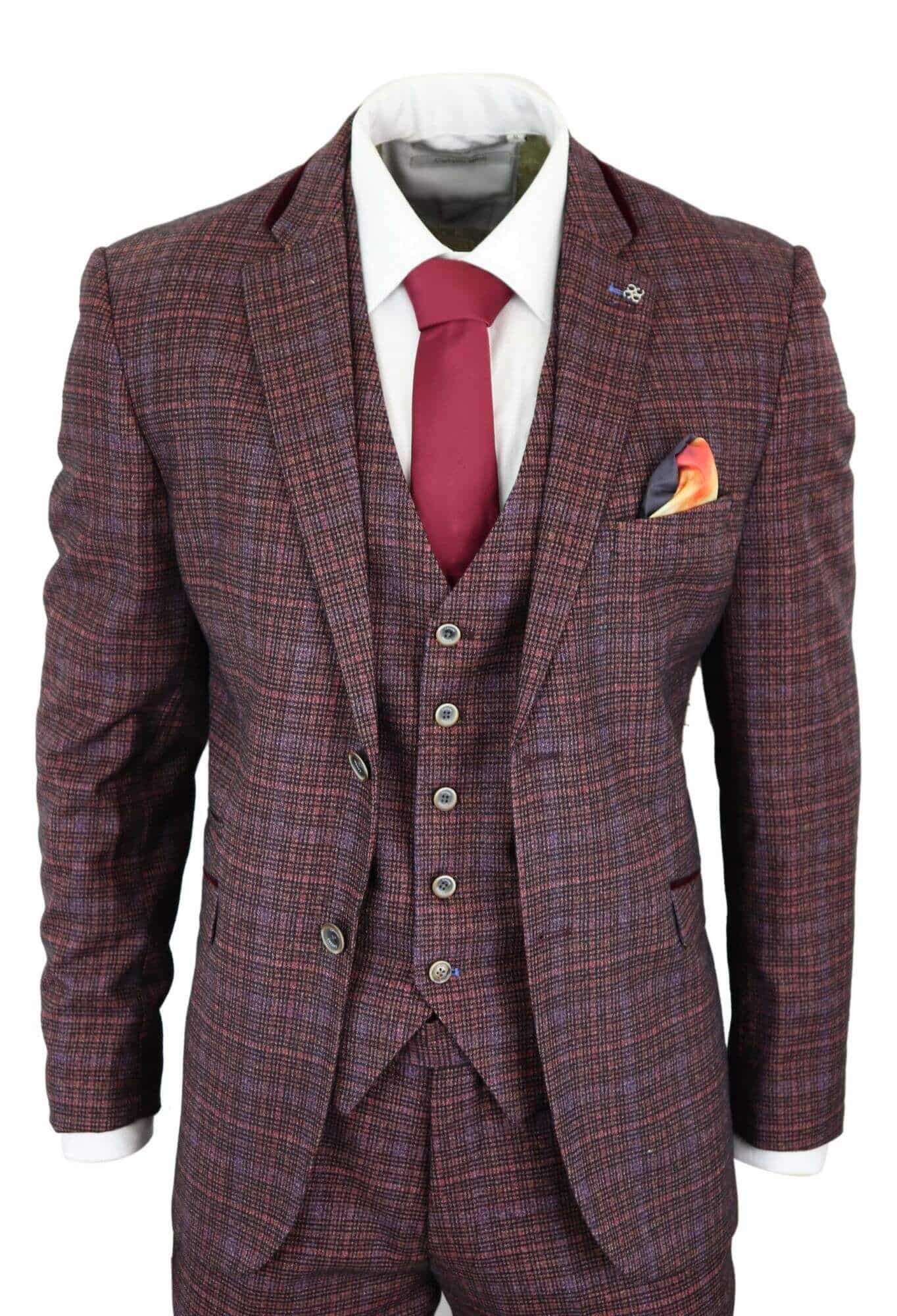 Cavani Carly - Miesten kolmiosainen tweed-ruutupuku viininpunaisella kankaalla