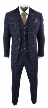 Cavani Shelby - Miesten tummansininen kolmiosainen kalanruotokuvioinen ruutupuku, vintage retro Peaky Blinders -tweedistä