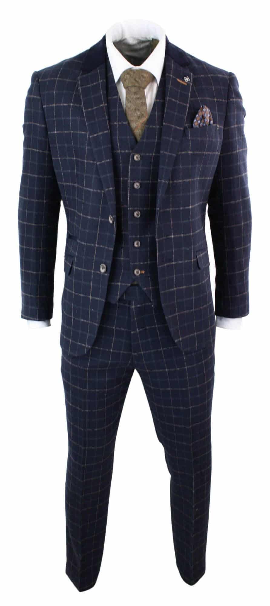 Cavani Shelby - Miesten tummansininen kolmiosainen kalanruotokuvioinen ruutupuku, vintage retro Peaky Blinders -tweedistä