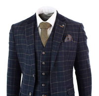 Cavani Shelby - Miesten tummansininen kolmiosainen kalanruotokuvioinen ruutupuku, vintage retro Peaky Blinders -tweedistä