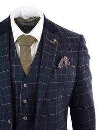 Cavani Shelby - Miesten tummansininen kolmiosainen kalanruotokuvioinen ruutupuku, vintage retro Peaky Blinders -tweedistä