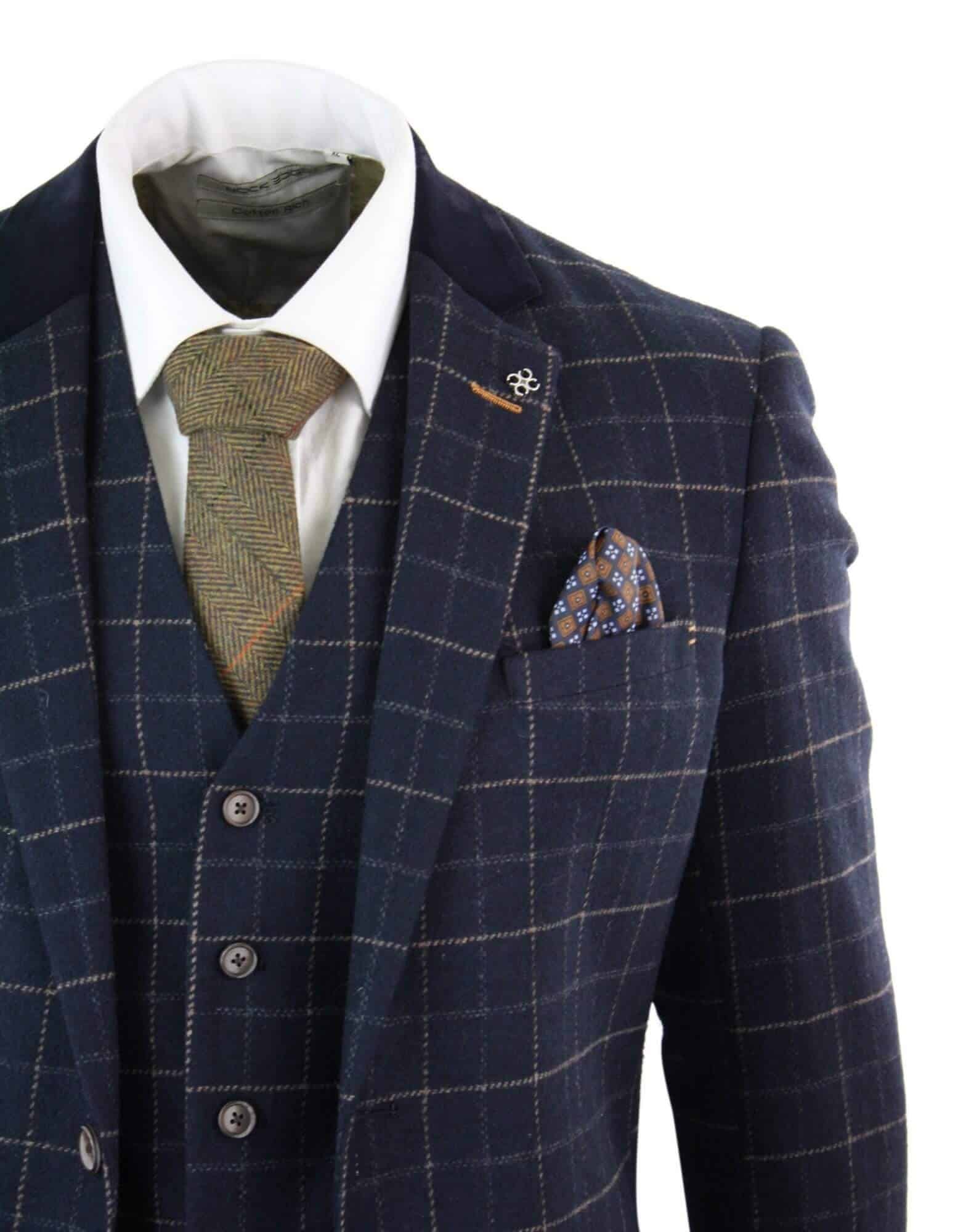 Cavani Shelby - Miesten tummansininen kolmiosainen kalanruotokuvioinen ruutupuku, vintage retro Peaky Blinders -tweedistä