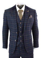 Cavani Shelby - Miesten tummansininen kolmiosainen kalanruotokuvioinen ruutupuku, vintage retro Peaky Blinders -tweedistä
