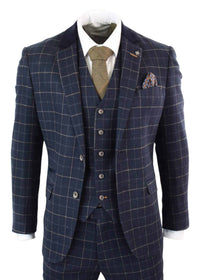 Cavani Shelby - Miesten tummansininen kolmiosainen kalanruotokuvioinen ruutupuku, vintage retro Peaky Blinders -tweedistä