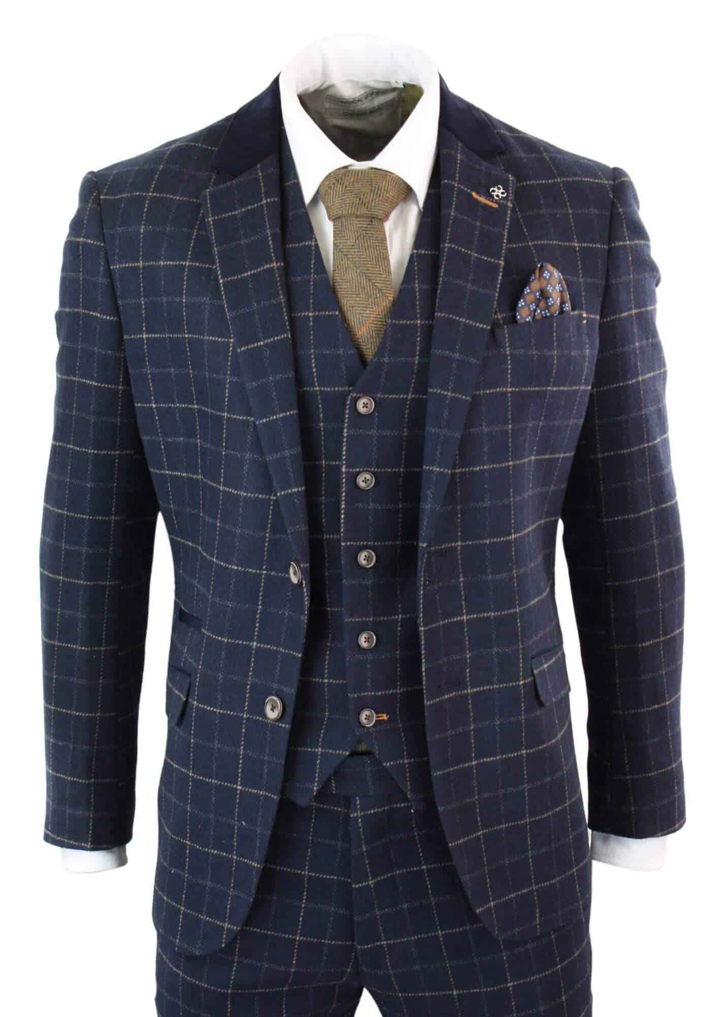 Cavani Shelby - Miesten tummansininen kolmiosainen kalanruotokuvioinen ruutupuku, vintage retro Peaky Blinders -tweedistä