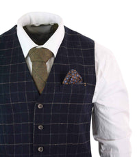 Cavani Shelby - Miesten tummansininen kolmiosainen kalanruotokuvioinen ruutupuku, vintage retro Peaky Blinders -tweedistä