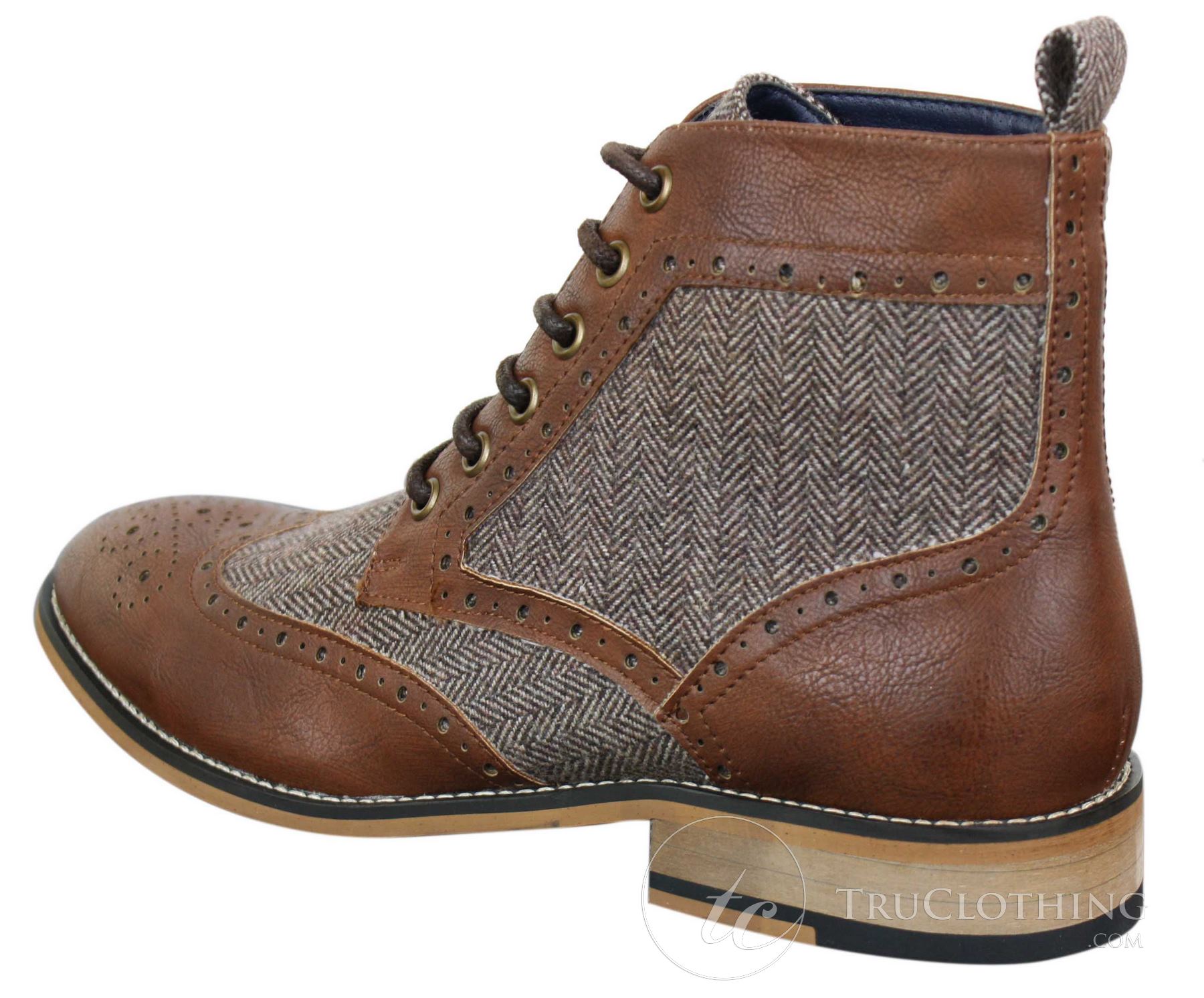 Cavani Sherlock - Miesten nahka- ja tweed-nilkkurit kalanruotokuviolla