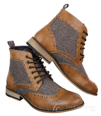 Cavani Sherlock - Miesten nahka- ja tweed-nilkkurit kalanruotokuviolla