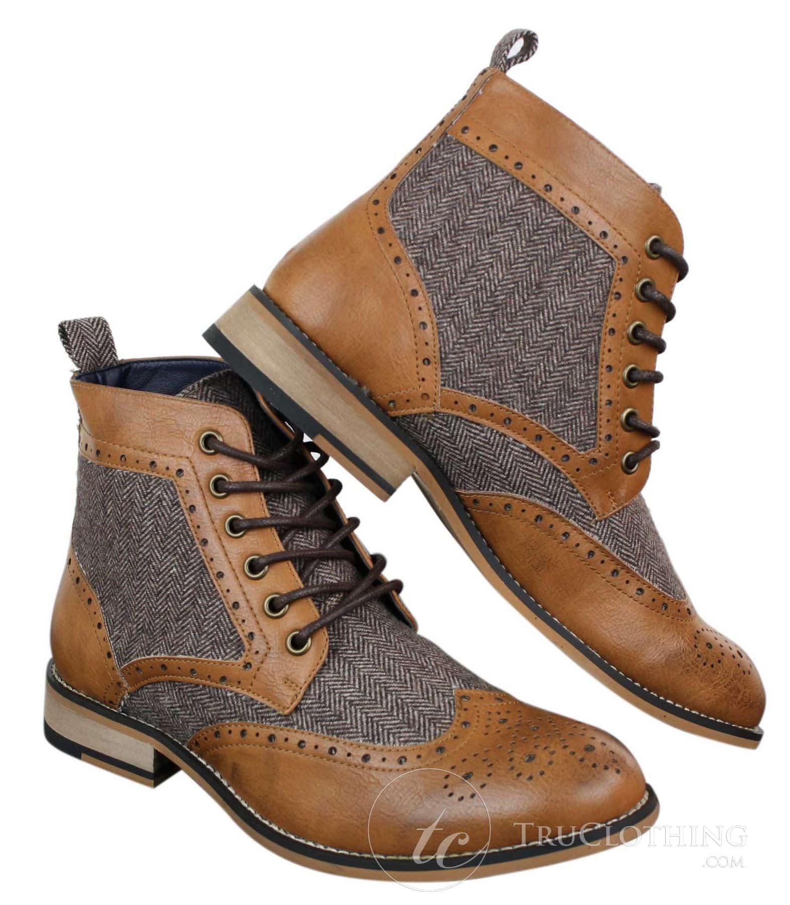 Cavani Sherlock - Miesten nahka- ja tweed-nilkkurit kalanruotokuviolla