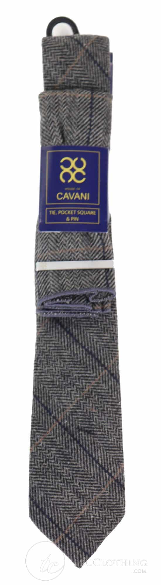 Hiilenharmaa ruutuinen tweed-solmio nenäliinalla ja solmiopidikkeellä - Hiilenharmaa