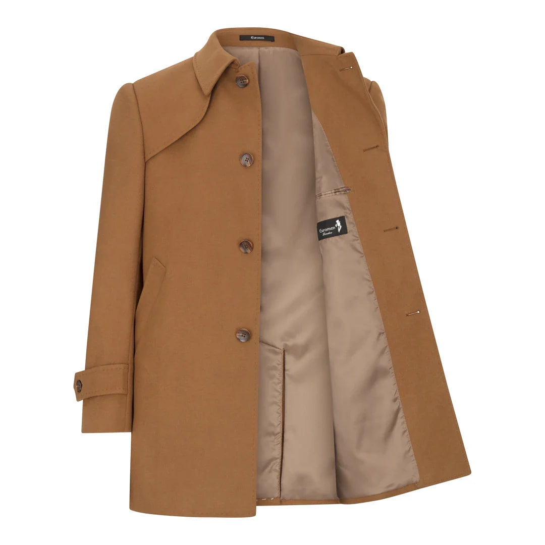 Miesten villainen 3/4-tuumainen kamelinruskea päällystakki, klassinen napitettava kaulus, olkapäälle paikka