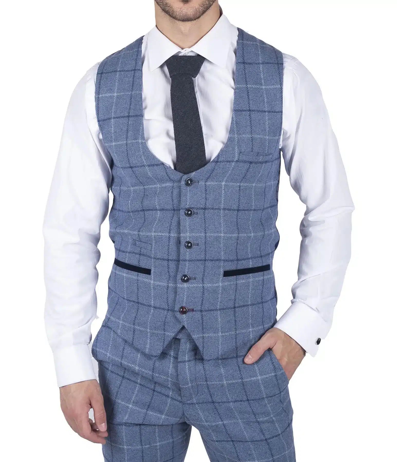 Miesten Marc Darcy vaaleansininen laivastonsininen ruutuliivi, älykäs rento tweed-liivi, Slim Fit Clinton