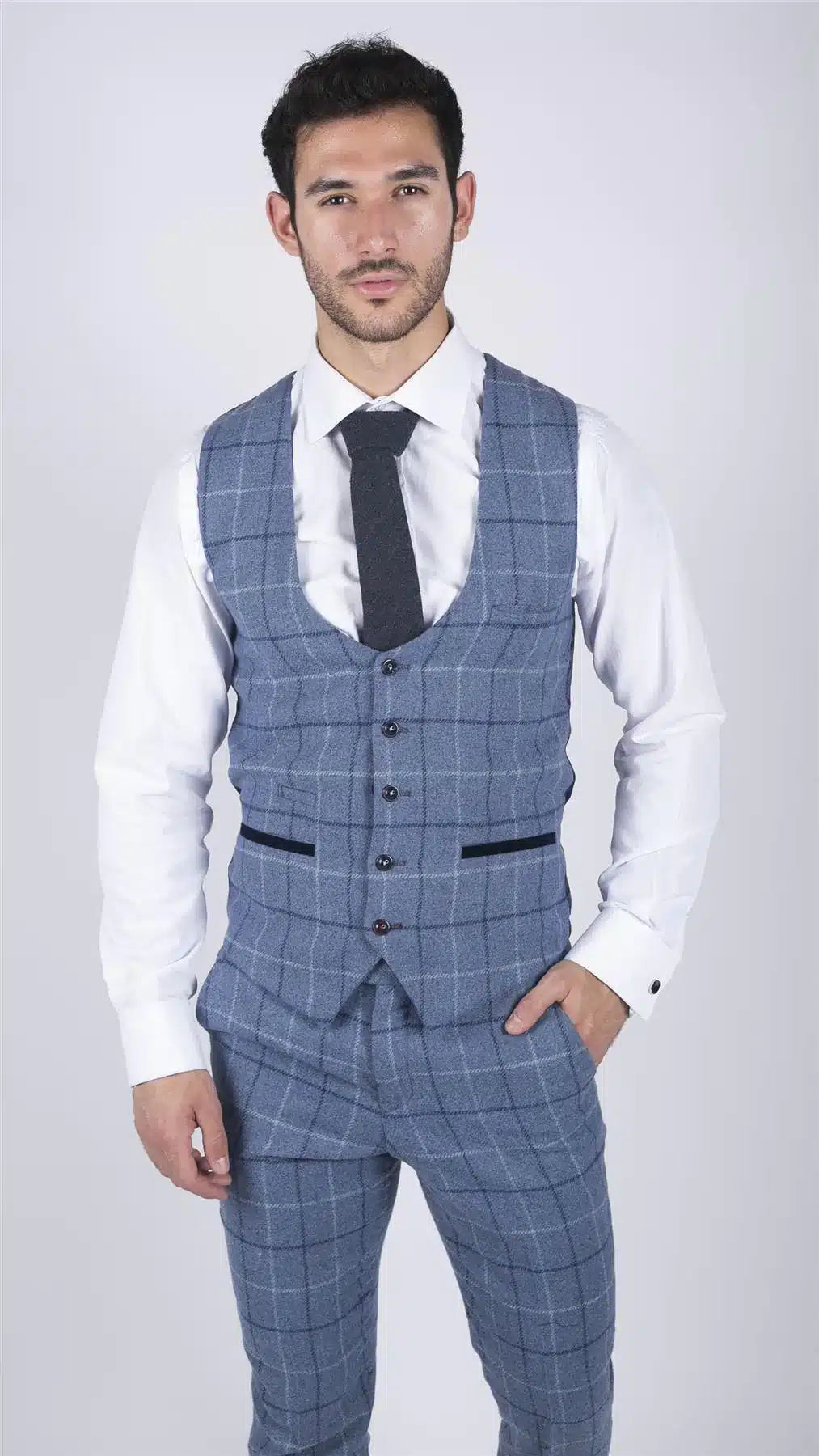 Miesten Marc Darcy vaaleansininen laivastonsininen ruutuliivi, älykäs rento tweed-liivi, Slim Fit Clinton