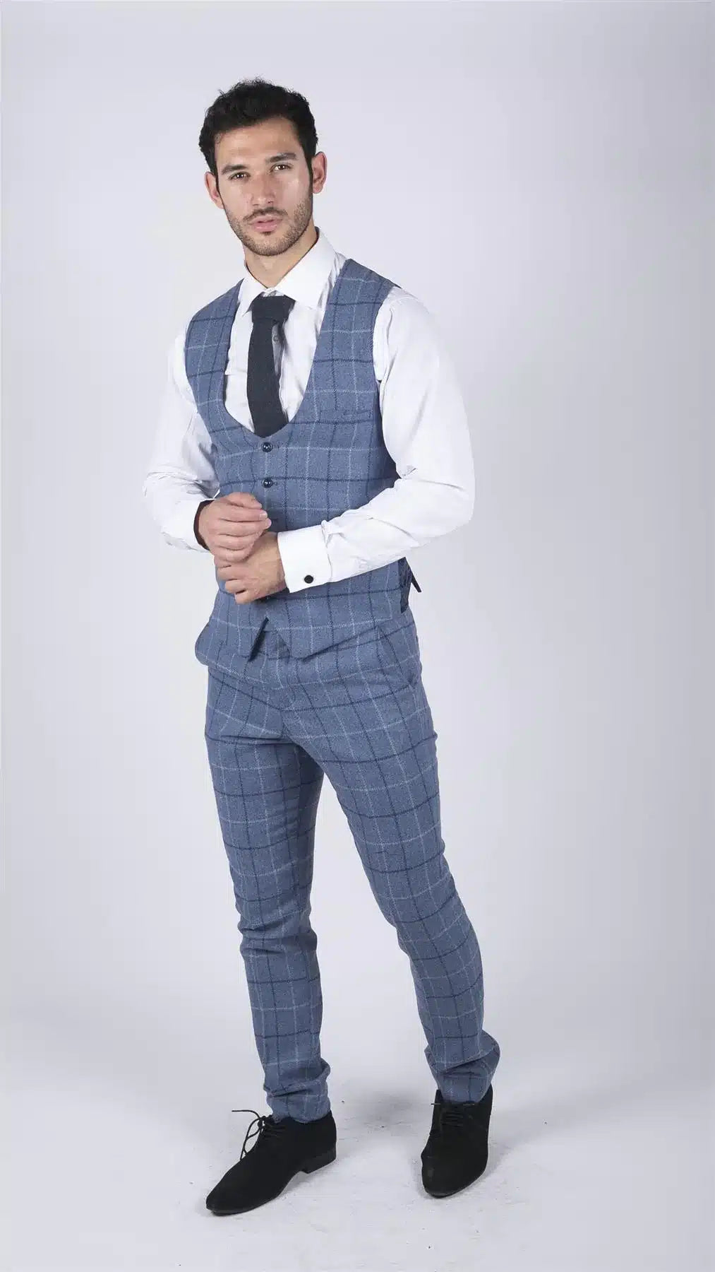 Miesten Marc Darcy vaaleansininen laivastonsininen ruutuliivi, älykäs rento tweed-liivi, Slim Fit Clinton